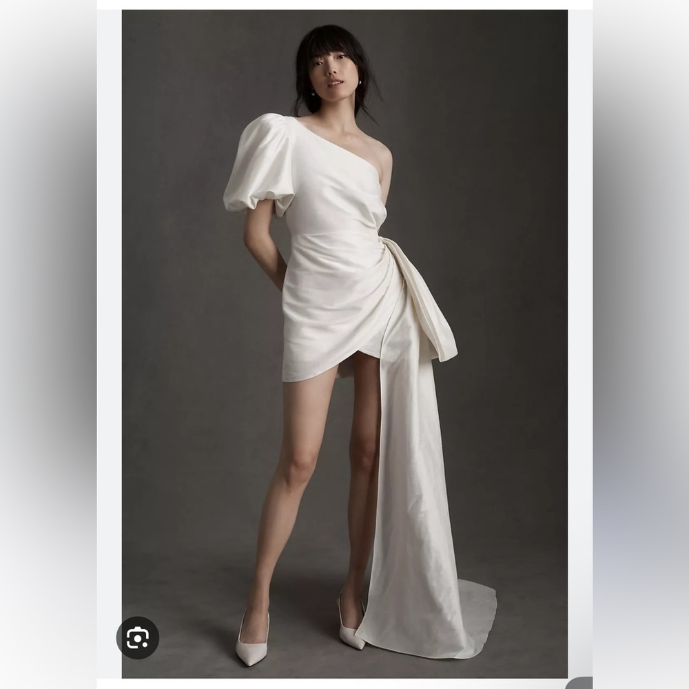 Sachin & Babi Dorien Puffed One-Shoulder Bow Train Wrap Mini Dress